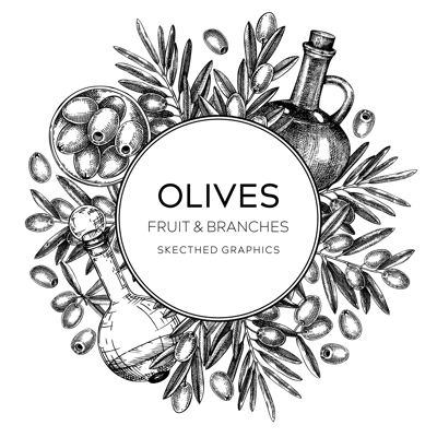 Olive oil background. Hand-drawn vector illustration. Olive tree branches, glass bottle, olives sketches. Italian food frame in vintage style. Vegetable oil design template